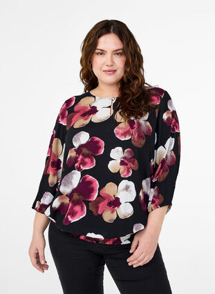 Zizzifashion Viscose blouse with print and smock, Black Pink FlowerAOP, Model image number 0