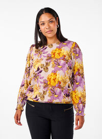 Smock blouse with floral print, Purple Flower, Model