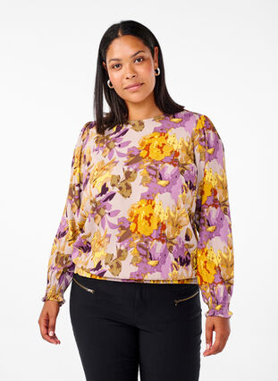 Zizzifashion Smock blouse with floral print, Purple Flower, Model image number 0