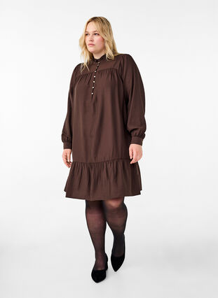 Zizzifashion Short dress with ruffle collar, Seal Brown, Model image number 2