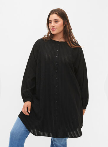 Zizzifashion Long viscose shirt with striped pattern, Black, Model image number 0