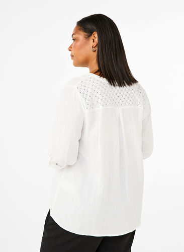 Zizzifashion Cotton blouse with broderie anglaise and 3/4 sleeves, Bright White, Model image number 1