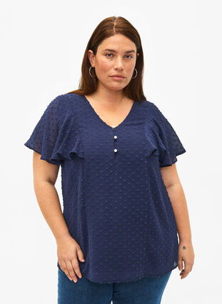 Zizzifashion Blouse with dotted texture and short sleeves, Navy Blazer, Model image number 0