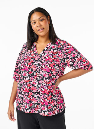 Zizzifashion V-neck blouse with bow print, Black Flower AOP, Model image number 0