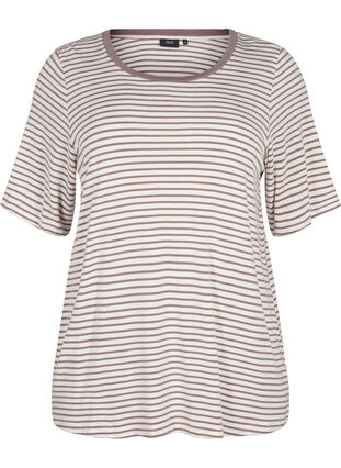 Zizzifashion Striped T-shirt in lyocell with round neck, Ant White Walnut St, Packshot image number 0