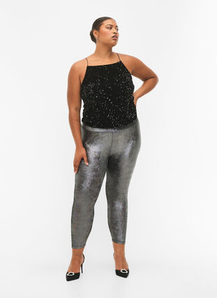 Zizzifashion Silver leggings with high waist, Dark Silver, Model image number 0