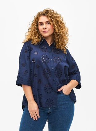 Zizzifashion Shirt blouse with embroidery anglaise and 3/4 sleeves, Navy Blazer, Model image number 0