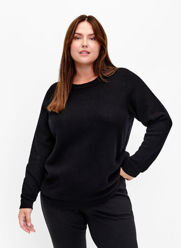 Zizzifashion Cotton knit blouse with structure, Black, Model image number 0