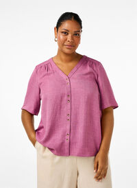 V-neck shirt blouse with short sleeves, Bordeaux, Model