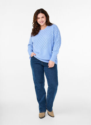 Zizzifashion Knitted blouse with lace pattern, Cornflower Blue Mel., Model image number 2