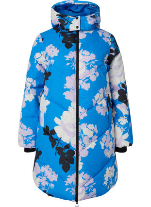 Long winter jacket with a floral print, French Blue Comb, Packshot image number 0