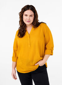 Cotton shirt blouse with v-neck, Golden Yellow, Model