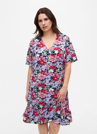 Zizzifashion Printed wrap dress with short sleeves, Multi Big Flower AOP, Model image number 0