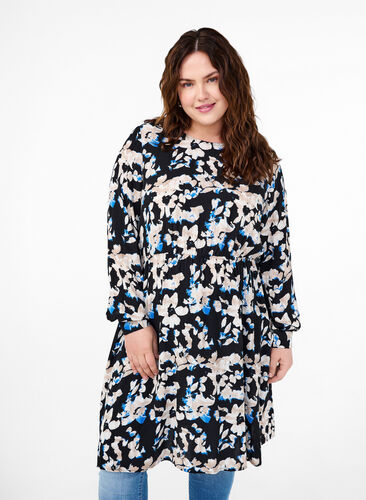 Zizzifashion Viscose dress with print and long sleeves, Bl.Antique White AOP, Model image number 0