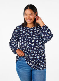 Blouse with long sleeves and floral print, Night Sky AOP, Model