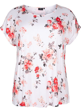 Zizzifashion Floral viscose blouse with short sleeves, White AOP flower, Packshot image number 0