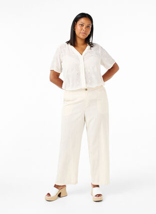 Zizzifashion High-waisted trousers in cotton and linen, Whitecap Gray, Model image number 0