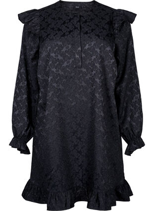 Zizzifashion Jacquard dress with long sleeves and ruffle detail, Black, Packshot image number 0