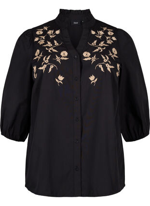 Zizzifashion Shirt blouse with embroidered flowers and 3/4 sleeves, Black W. Beige Emb. , Packshot image number 0