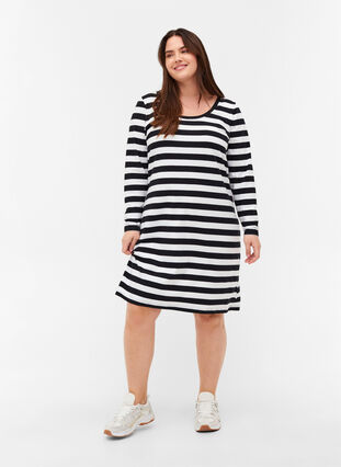 Zizzifashion Striped cotton dress with long sleeves , Black w. White, Model image number 3