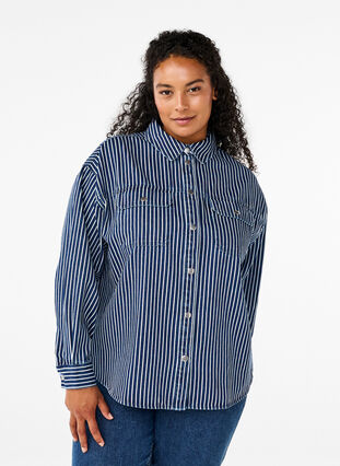 Zizzifashion Striped denim shirt with chest pockets, Blue Denim Stripe, Model image number 0