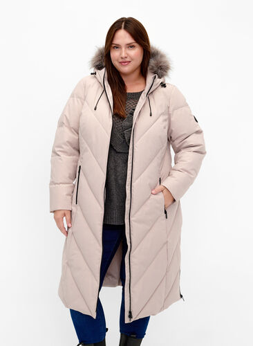 Zizzifashion Long winter jacket with hood and faux fur collar, Simply Taupe, Model image number 0