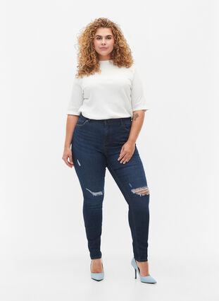 Zizzifashion Super slim Amy jeans with destroy and high waist, Dark blue, Model image number 0