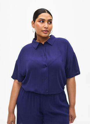 Zizzifashion Short-sleeved viscose shirt with collar, Medieval Blue, Model image number 0