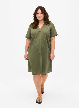 Zizzifashion Cotton blend hooded dress with linen, Deep Lichen Green, Model image number 2