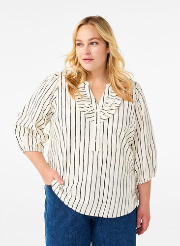 Zizzifashion 3/4 sleeve cotton blouse with stripes, Eggnog Black Stripe, Model image number 0