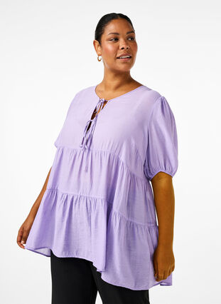 Zizzifashion A-line viscose tunic with lace-up detail, Sand Verbena, Model image number 0