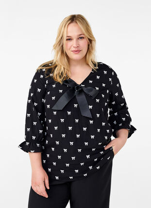 Zizzifashion Blouse with bows and 3/4 sleeves, Black White Bow, Model image number 0