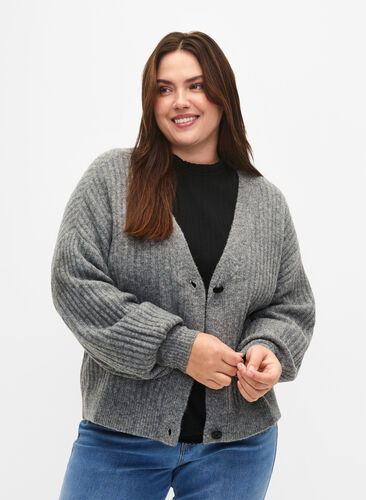 Zizzifashion Melange cardigan in rib knit, Light Grey Melange, Model image number 0