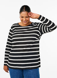Blouse with stripes and long sleeves, Black Sand Stripe, Model