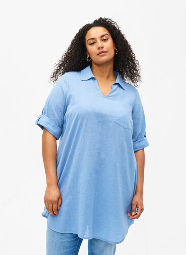 Zizzifashion Short-sleeved cotton blend tunic with linen, Faded Denim, Model image number 0