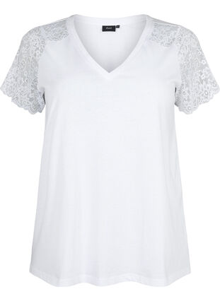 Zizzifashion Cotton t-shirt with short lace sleeves, Bright White, Packshot image number 0