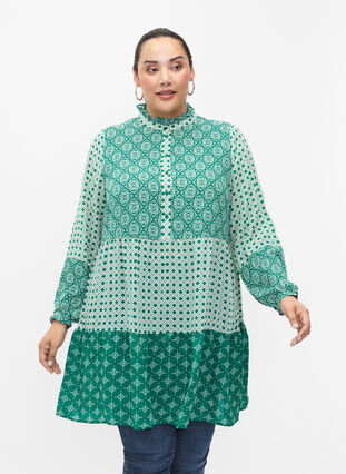 Zizzifashion A-shape dress with patterns and cutlines, Green AOP, Model image number 0