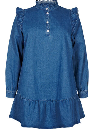 Zizzifashion Denim dress with ruffles and A-cut, Blue Denim, Packshot image number 0