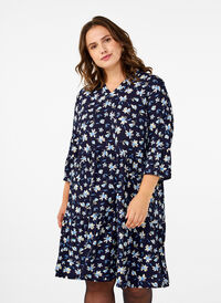 Short A-line dress with floral print, Night Sky AOP, Model