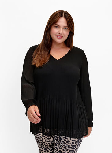 Zizzifashion Long sleeve pleated blouse with V-neck, Black, Model image number 0