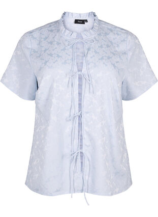 Zizzifashion Short-sleeved jacquard blouse with ties, Ancient Water, Packshot image number 0