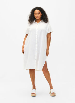 Zizzifashion Long shirt in cotton blend with linen, Bright White, Model image number 0