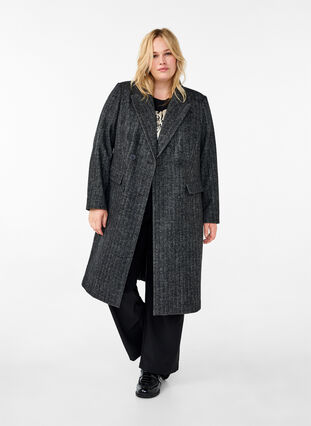 Zizzifashion Long wool coat with herringbone pattern, Dark Grey Melange, Model image number 2