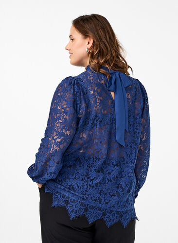 Zizzifashion Lace blouse with bow detail, Estate Blue, Model image number 1