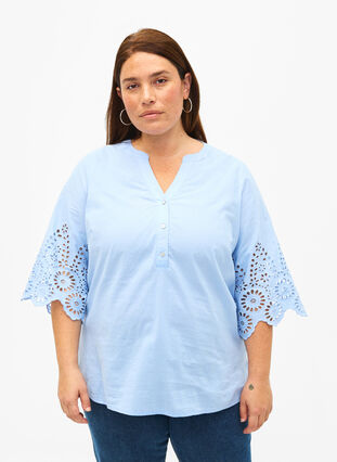 Zizzifashion Shirt blouse with broderie anglaise and 3/4 sleeves, Serenity, Model image number 0