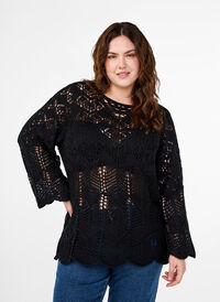 Knitted blouse with lace pattern, Black, Model