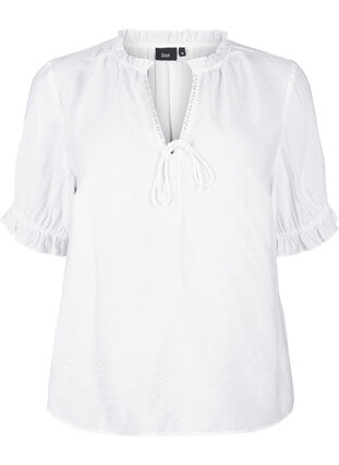 Zizzifashion Short-sleeved viscose blouse with ruffle details, Bright White, Packshot image number 0