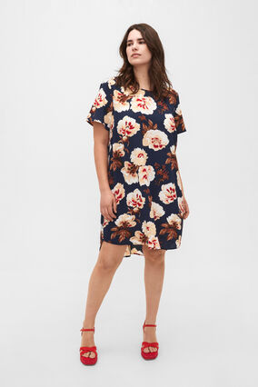 Zizzifashion Dress with print and short sleeves, Navy B. Rose AOP, Model image number 1