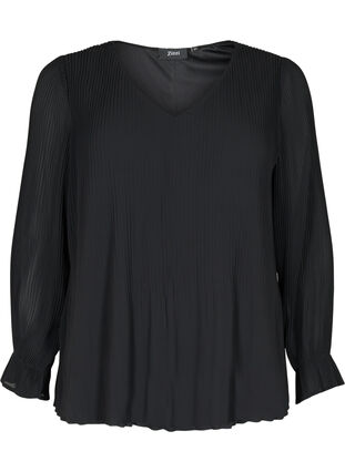 Zizzifashion Long sleeve pleated blouse with V-neck, Black, Packshot image number 0