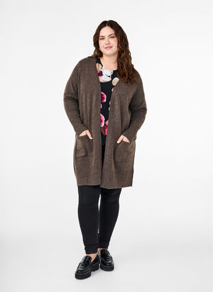 Zizzifashion Ribbed Knit Cardigan with Pockets, Espresso Mel., Model image number 2